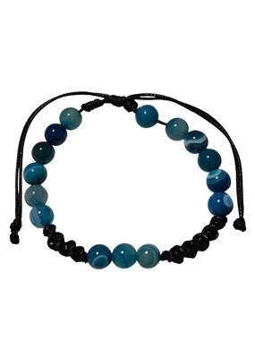 Handmade Blue Agate Beaded Bracelet Adjustable Black Cord Stress Relief Jewelry